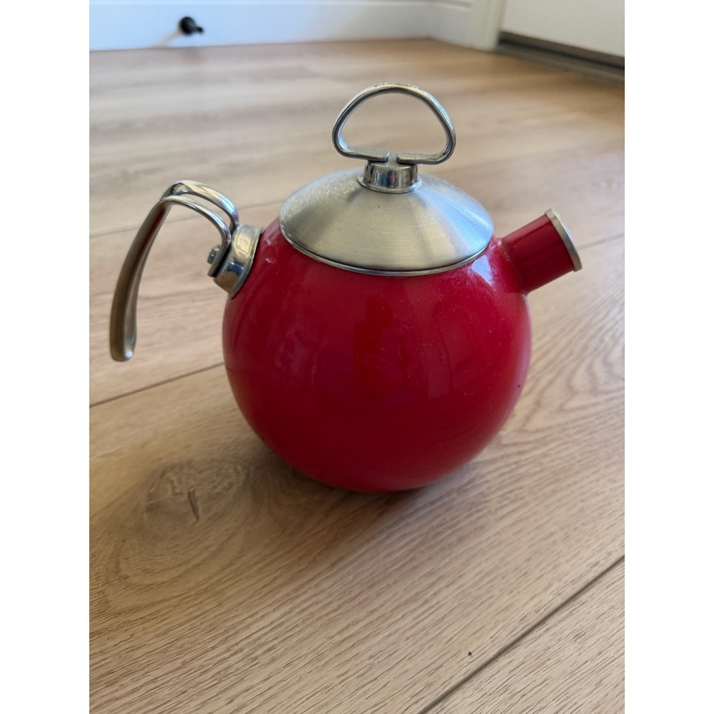 Vintage Chantal Red Enamel on Steel Spherical Tea‎ Kettle Stainless Handle